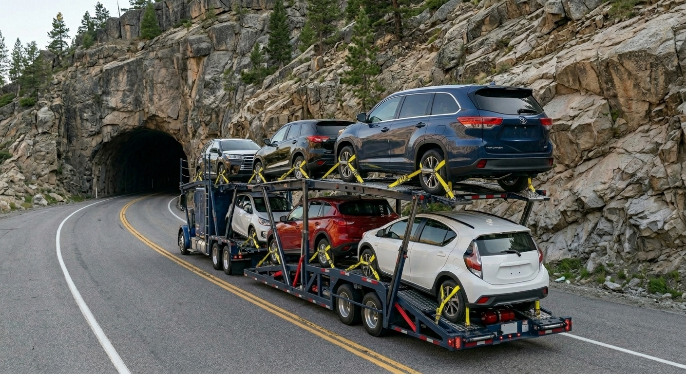 Vehicles loaded on a car-carrier trailer