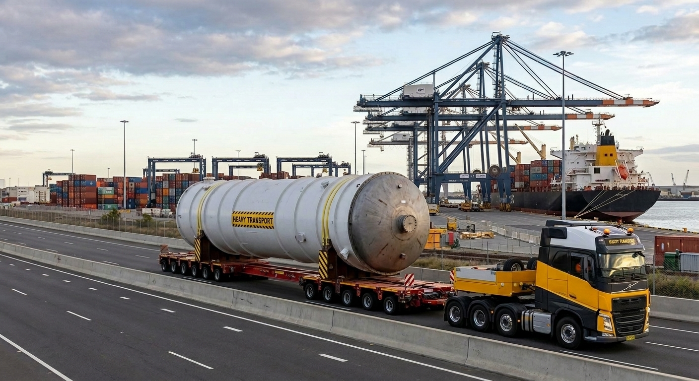 Heavy industrial cargo at a container port