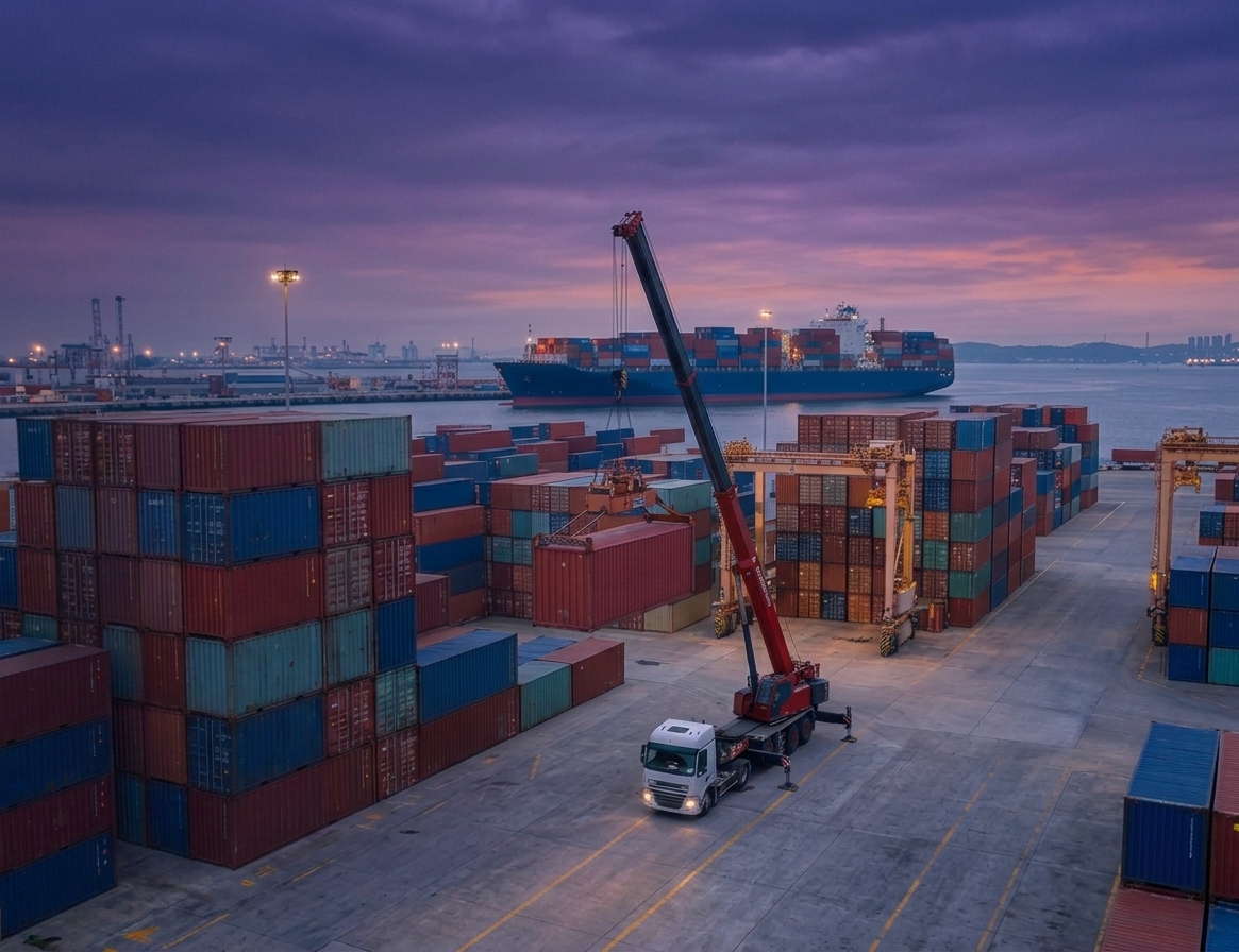 Container port at dusk — AKS Logistics